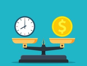 scale balancing a clock and a coin. Human life value concept