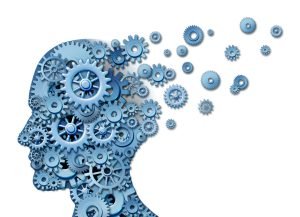 Silhouette of person's head made out of gears, which are slowly moving away/toward head. Depiction of cognitive biases in behavioral finance, etc.