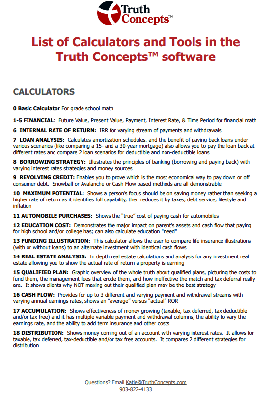 Image of the financial calculators and tools you can use with the Truth Concepts software